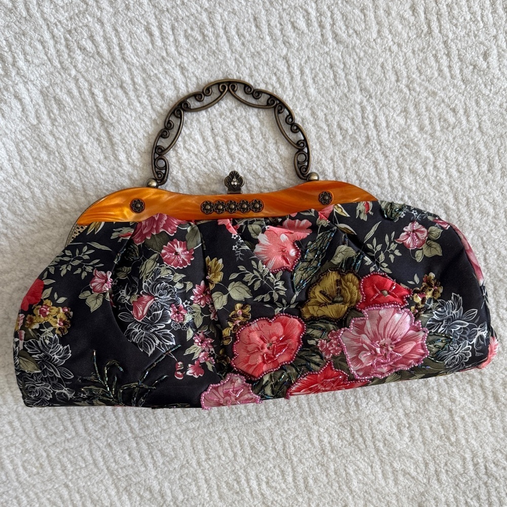 Beautiful Vintage 1990s / 2000 Black Red Gold Embroidered and Beaded Evening Bag